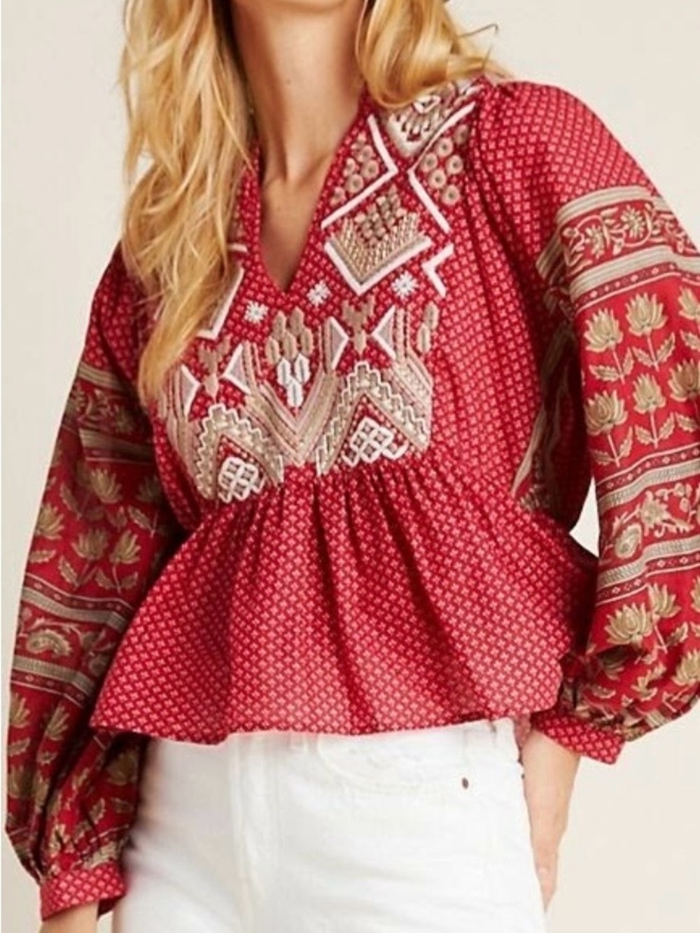 Anthropologie Red Embroidered V-Neck Peplum blouse